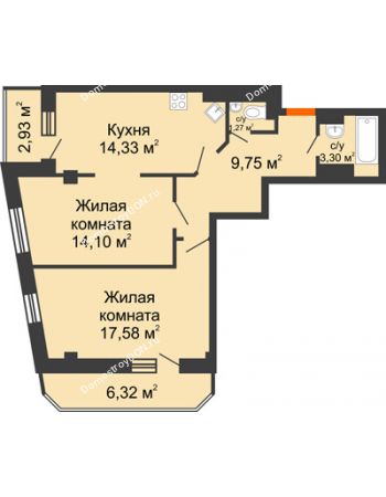 2 комнатная квартира 69,58 м² в ЖК Горизонт, дом № 2