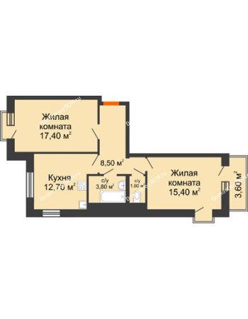 2 комнатная квартира 60,5 м² в ЖК 5 Элемент (Пятый Элемент), дом Корпус 5-4