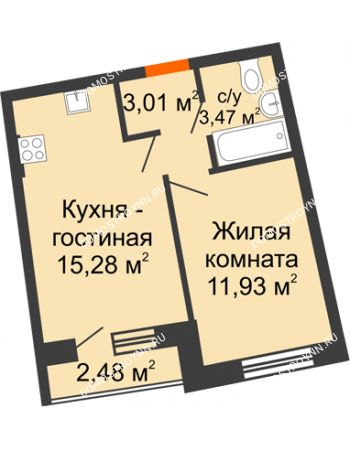 1 комнатная квартира 34,56 м² в ЖК Ватсон, дом № 7