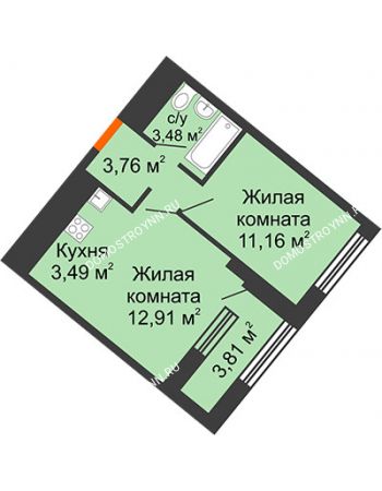 1 комнатная квартира 36,71 м² в ЖК Дом на Набережной, дом № 1