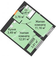 1 комнатная квартира 36,71 м² в ЖК Дом на Набережной, дом № 1 - планировка