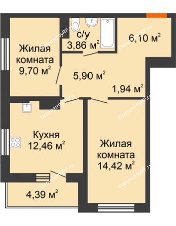 2 комнатная квартира 58,77 м² в ЖК Рассвет, дом № 6