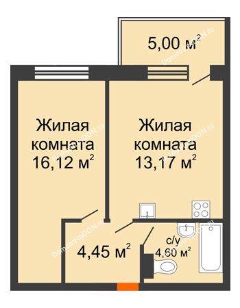 2 комнатная квартира 46,84 м² в ЖК Гвардейский 3.0, дом Секция 3