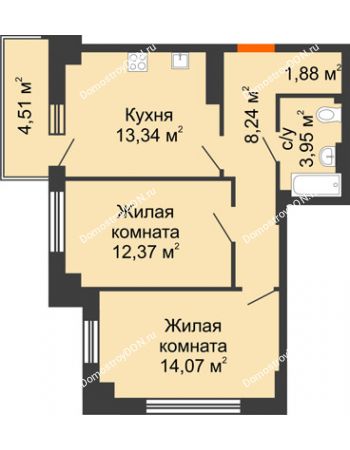 2 комнатная квартира 55,2 м² в ЖК Аврора, дом № 3