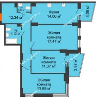 3 комнатная квартира 77,63 м² в ЖК Сердце Ростова 2, дом Литер 8 - планировка