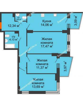 3 комнатная квартира 77,63 м² в ЖК Сердце Ростова 2, дом Литер 8