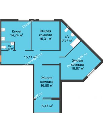 3 комнатная квартира 89,49 м² в ЖК Квартет, дом ГП-227