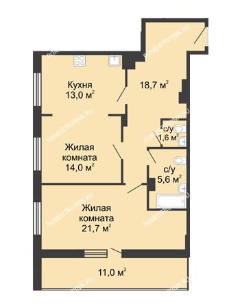 2 комнатная квартира 80,1 м² в ЖК Сердце Нижнего, дом № 35