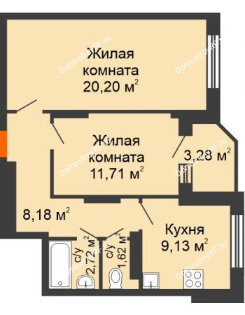 2 комнатная квартира 56,84 м² в ЖК Московский, дом № 1