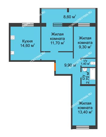 3 комнатная квартира 67,3 м² в ЖК Удачный 2, дом № 1
