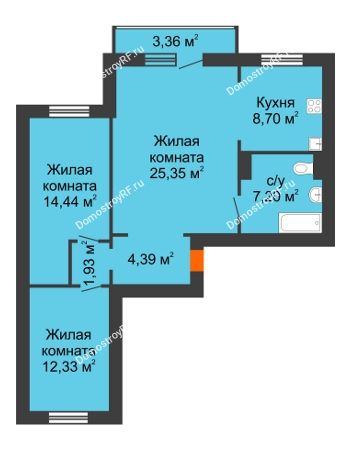 3 комнатная квартира 75,35 м² в ЖК Иннoкeнтьeвcкий, дом № 7а