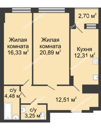 2 комнатная квартира 72,5 м² - ЖК Гвардейский-2