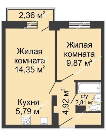 2 комнатная квартира 38,44 м² - ЖК Каскад на Волжской