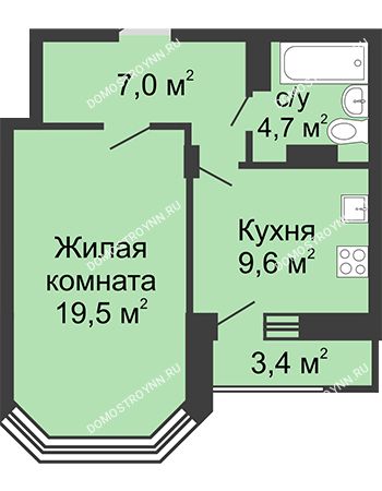 1 комнатная квартира 42,4 м² в ЖК Цветы, дом № 20