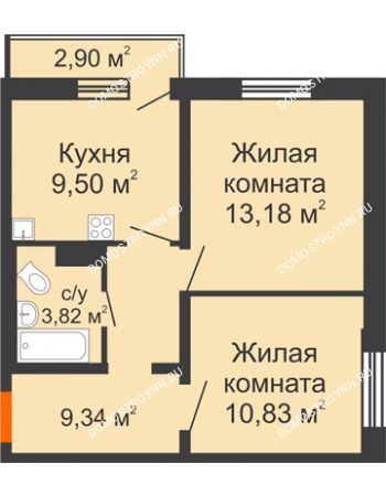 2 комнатная квартира 47,54 м² в ЖК Торпедо, дом № 16