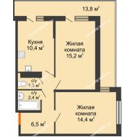 2 комнатная квартира 55,5 м² в ЖК Акварели-2, дом Литер 4 - планировка