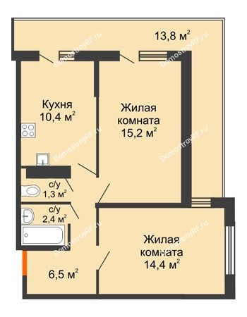 2 комнатная квартира 55,5 м² в ЖК Акварели-2, дом Литер 4