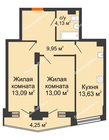 2 комнатная квартира 55,93 м² в ЖК Рубин, дом Литер 1