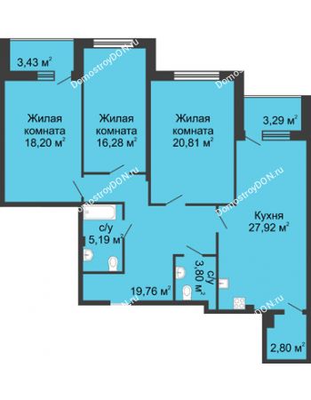 3 комнатная квартира 121,4 м² в ЖК Тихий Дон, дом № 1