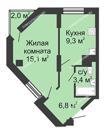 1 комнатная квартира 34,6 м² - ЖД по ул. Сазанова