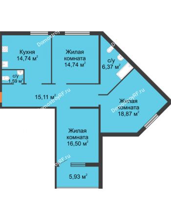 3 комнатная квартира 90,54 м² в ЖК Квартет, дом ГП-227