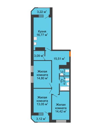 3 комнатная квартира 90,39 м² в ЖК Город времени, дом № 18