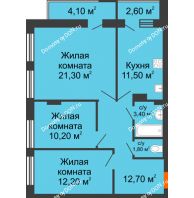 3 комнатная квартира 79,8 м² в ЖК На Тимошенко, дом № 1 - планировка