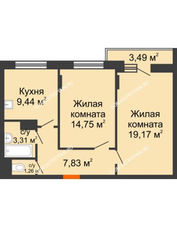 2 комнатная квартира 57,51 м² - ЖД по ул. Сухопутная
