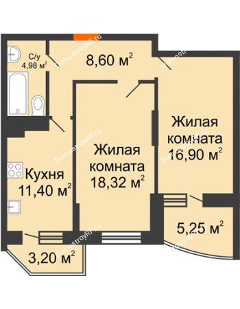 2 комнатная квартира 63,78 м² в ЖК Россинский парк, дом Литер 1