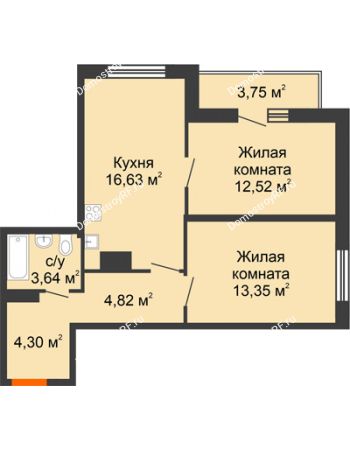2 комнатная квартира 59,01 м² в ЖК Рассвет, дом № 8