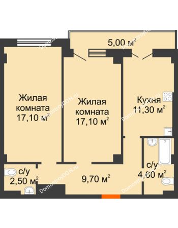 2 комнатная квартира 69,2 м² в ЖК Парк Островского 2, дом № 1