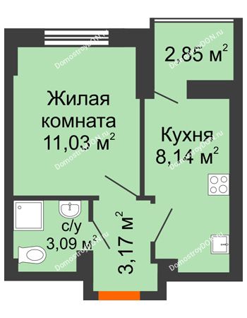 1 комнатная квартира 26,86 м² в ЖК Аврора, дом № 3