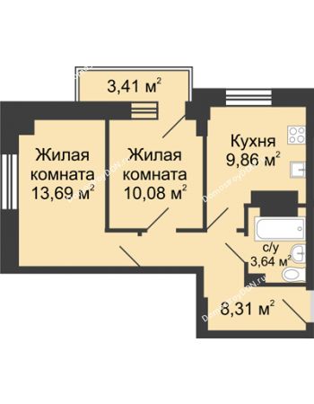 2 комнатная квартира 47,28 м² в ЖК Сердце Ростова, дом Этап I