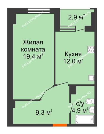 1 комнатная квартира 47,05 м² в ЖК Квартет, дом № 3