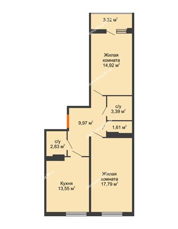 2 комнатная квартира 64,59 м² в ЖК Семейный парк, дом Литер 2
