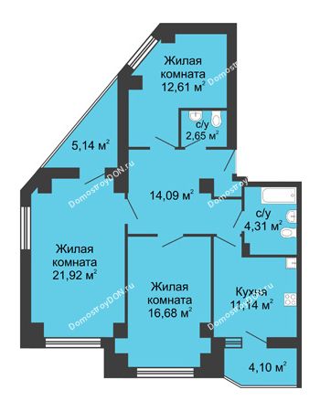 3 комнатная квартира 88,02 м² в ЖК Мега, дом № 1