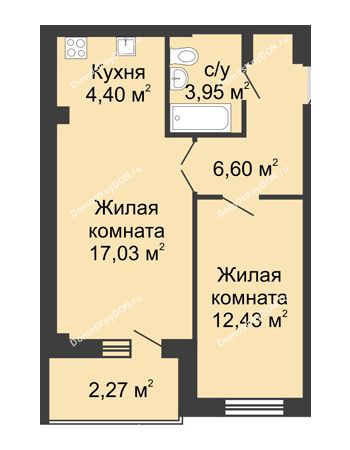 2 комнатная квартира 48,41 м² в ЖК Соловьиная роща, дом № 5