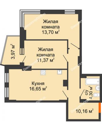2 комнатная квартира 58,1 м² в ЖК Город у реки, дом Литер 7