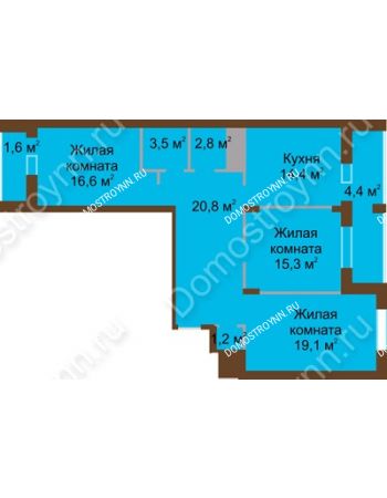 3 комнатная квартира 99,7 м² в ЖК Монолит, дом № 89, корп. 1, 2
