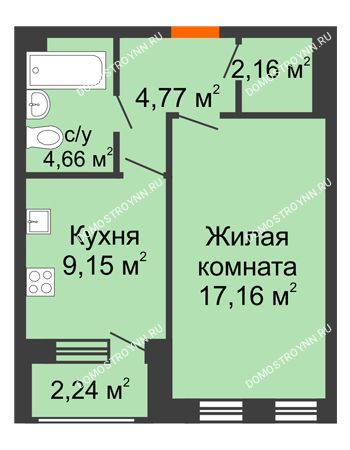 1 комнатная квартира 39,02 м² - ЖК Дом на Чаадаева