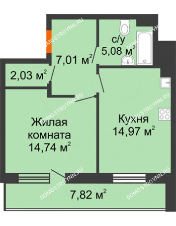 1 комнатная квартира 47,74 м² в ЖК Циолковский, дом № 5