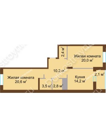 2 комнатная квартира 75,8 м² в ЖК Монолит, дом № 89, корп. 1, 2