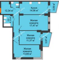 3 комнатная квартира 77,84 м² в ЖК Город у реки, дом Литер 7 - планировка