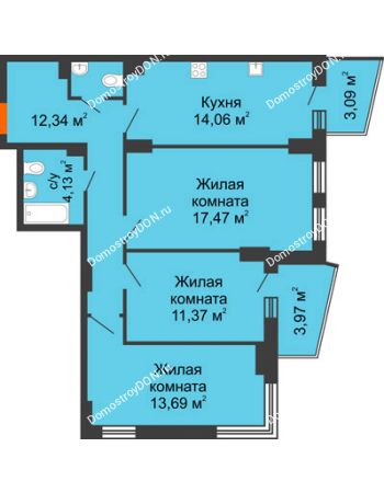 3 комнатная квартира 77,84 м² в ЖК Город у реки, дом Литер 8