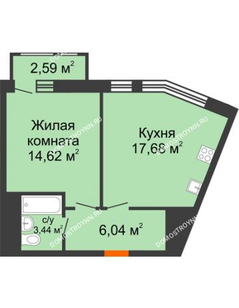 1 комнатная квартира 44,37 м² в ЖК Книги, дом № 1