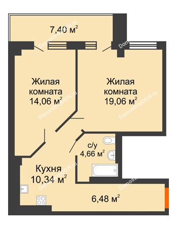 2 комнатная квартира 58,21 м² - ЖК Кристалл 2