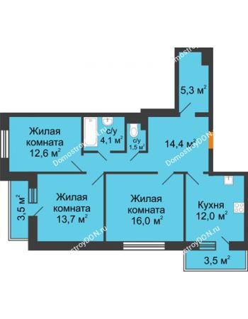 3 комнатная квартира 82,5 м² в ЖК Южный Берег, дом Литер 8