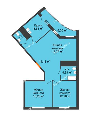 3 комнатная квартира 78,7 м² в ЖК Зеленодар, дом Литер 1