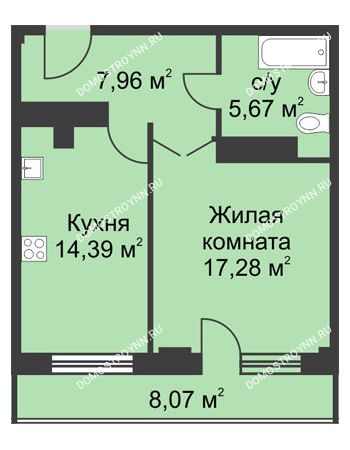 1 комнатная квартира 49,33 м² - ЖК На Ошарской