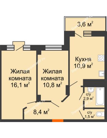 2 комнатная квартира 54,5 м² в ЖК Трамвай желаний, дом 4 этап